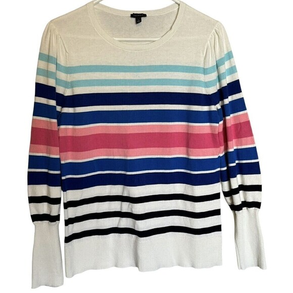 Talbots Sweater Womens Size Large Colorful Rainbow Striped Ribbed Puff Sleeve - Picture 1 of 7